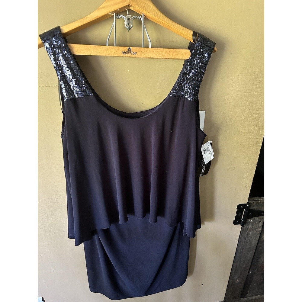 Betsy & Adam Womens Navy Sequin Straps Knee Length Formal Dress 14W NWT